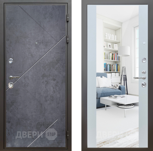Входная металлическая Дверь Шелтер (SHELTER) Комфорт Бетон урбан индиго 13 с зеркалом Белый матовый в Электрогорске