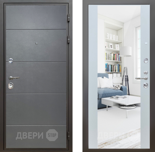Входная металлическая Дверь Шелтер (SHELTER) Комфорт Лофт графит 13 с зеркалом Белый матовый в Электрогорске