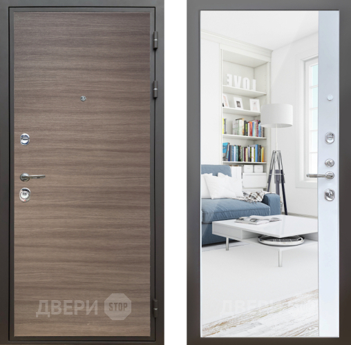 Входная металлическая Дверь Шелтер (SHELTER) Комфорт Дуб тоскано поперечный 14 с зеркалом Белый матовый в Электрогорске