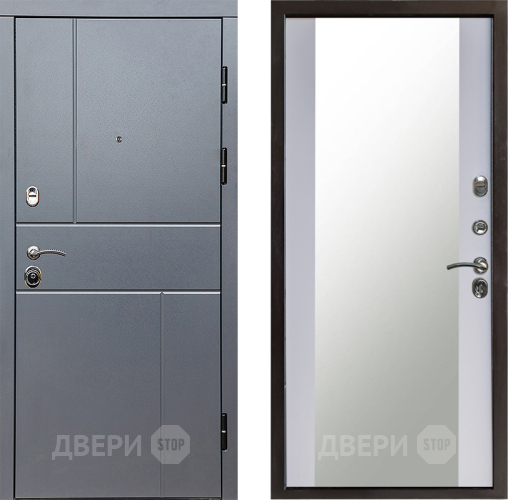 Входная металлическая Дверь Престиж Горизонт Грэй Зеркало Белый софт в Электрогорске