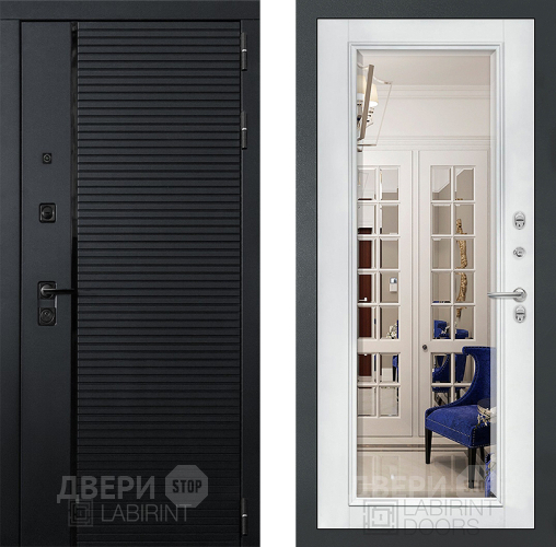 Входная металлическая Дверь Лабиринт (LABIRINT) Piano Зеркало Фацет с багетом Белый софт в Электрогорске