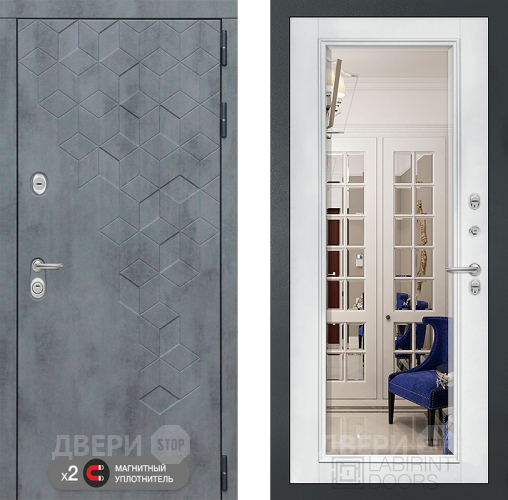 Входная металлическая Дверь Лабиринт (LABIRINT) Бетон Зеркало Фацет с багетом Белый софт в Электрогорске
