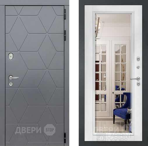 Входная металлическая Дверь Лабиринт (LABIRINT) Cosmo Зеркало Фацет с багетом Белый софт в Электрогорске