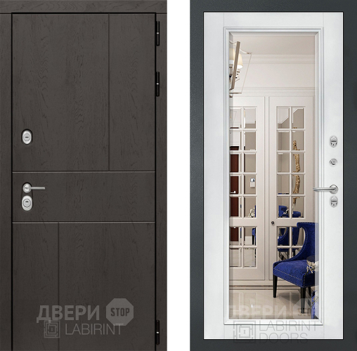 Входная металлическая Дверь Лабиринт (LABIRINT) Urban Зеркало Фацет с багетом Белый софт в Электрогорске