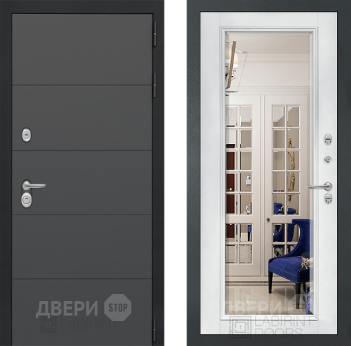 Дверь Лабиринт (LABIRINT) Art Зеркало Фацет с багетом Белый софт в Электрогорске