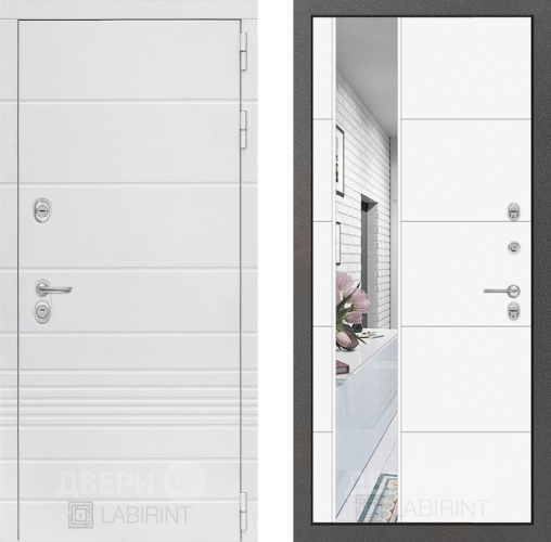 Входная металлическая Дверь Лабиринт (LABIRINT) Трендо Зеркало 19 Белый софт в Электрогорске