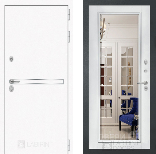 Входная металлическая Дверь Лабиринт (LABIRINT) Лайн White Зеркало Фацет с багетом Белый софт в Электрогорске