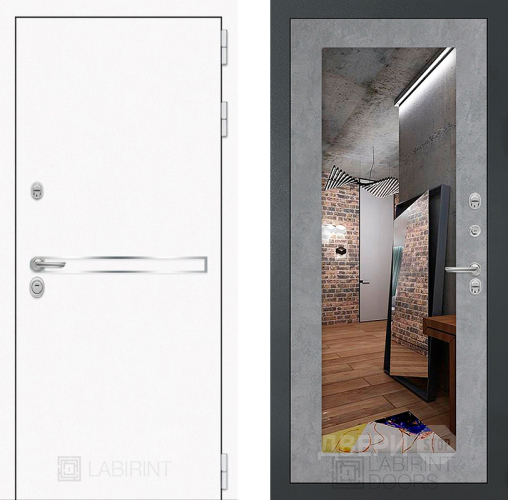 Входная металлическая Дверь Лабиринт (LABIRINT) Лайн White Зеркало 18 Бетон светлый в Электрогорске