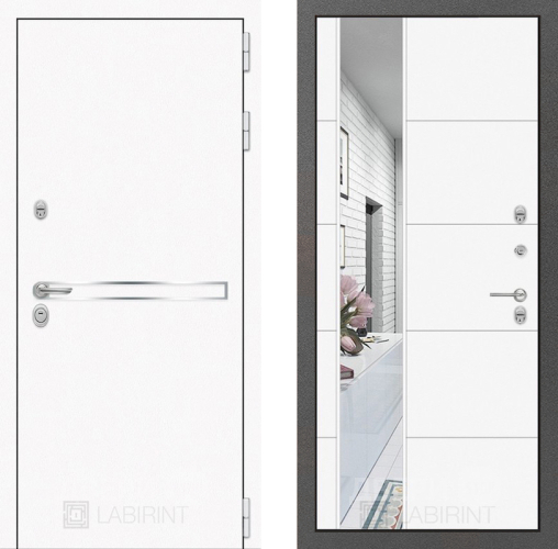 Входная металлическая Дверь Лабиринт (LABIRINT) Лайн White Зеркало 19 Белый софт в Электрогорске