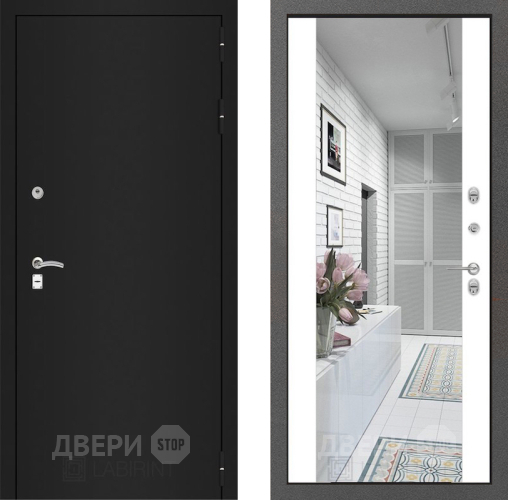 Дверь Лабиринт (LABIRINT) Classic шагрень черная Зеркало Максимум Белый софт в Электрогорске