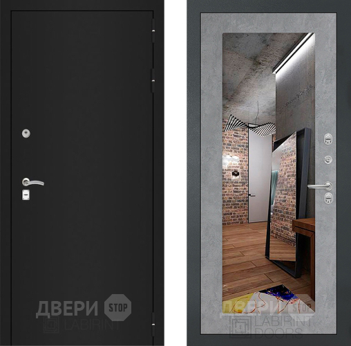 Дверь Лабиринт (LABIRINT) Classic шагрень черная Зеркало 18 Бетон светлый в Электрогорске