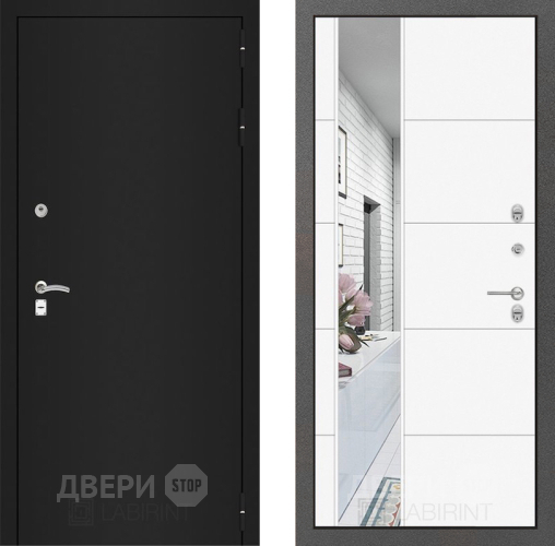 Дверь Лабиринт (LABIRINT) Classic шагрень черная Зеркало 19 Белый софт в Электрогорске