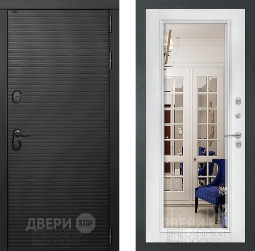 Входная металлическая Дверь Лабиринт (LABIRINT) Вулкано Зеркало Фацет с багетом Белый софт в Электрогорске