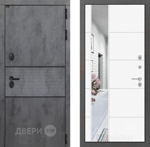 Входная металлическая Дверь Лабиринт (LABIRINT) Инфинити Зеркало 19 Белый софт в Электрогорске