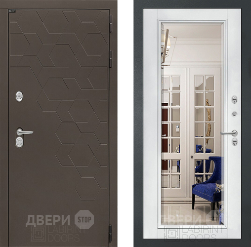 Дверь Лабиринт (LABIRINT) Смоки Зеркало Фацет с багетом Белый софт в Электрогорске