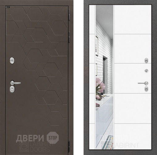 Входная металлическая Дверь Лабиринт (LABIRINT) Смоки Зеркало 19 Белый софт в Электрогорске