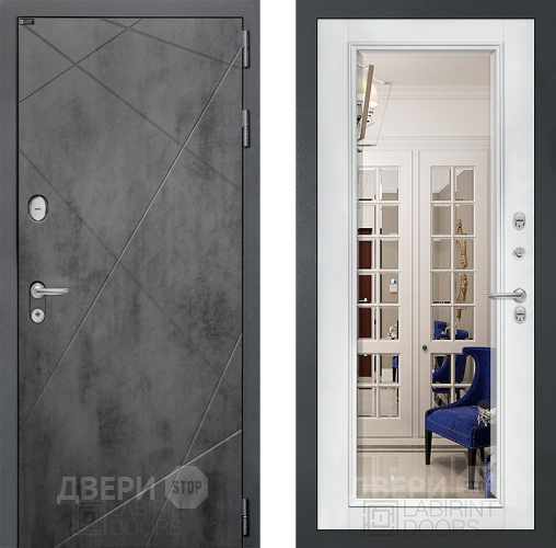Входная металлическая Дверь Лабиринт (LABIRINT) Лофт Зеркало Фацет с багетом Белый софт в Электрогорске