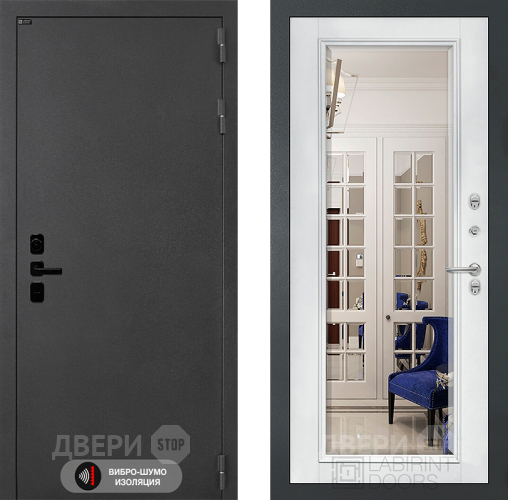 Дверь Лабиринт (LABIRINT) Acustic Зеркало Фацет с багетом Белый софт в Электрогорске
