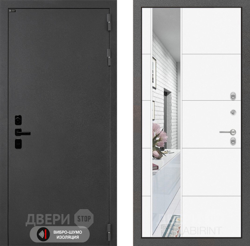 Входная металлическая Дверь Лабиринт (LABIRINT) Acustic Зеркало 19 Белый софт в Электрогорске