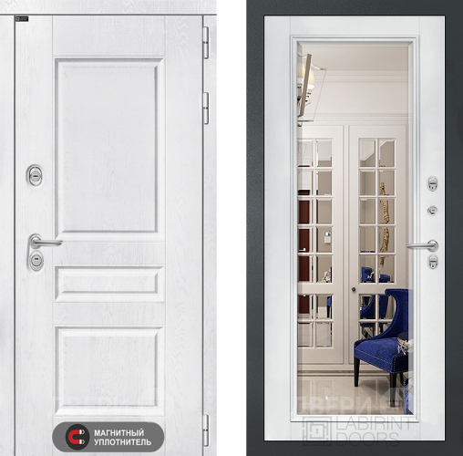 Входная металлическая Дверь Лабиринт (LABIRINT) Versal Зеркало Фацет с багетом Белый софт в Электрогорске