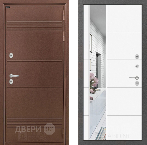Входная металлическая Дверь Лабиринт (LABIRINT) Термо Лайт Зеркало 19 Белый софт в Электрогорске